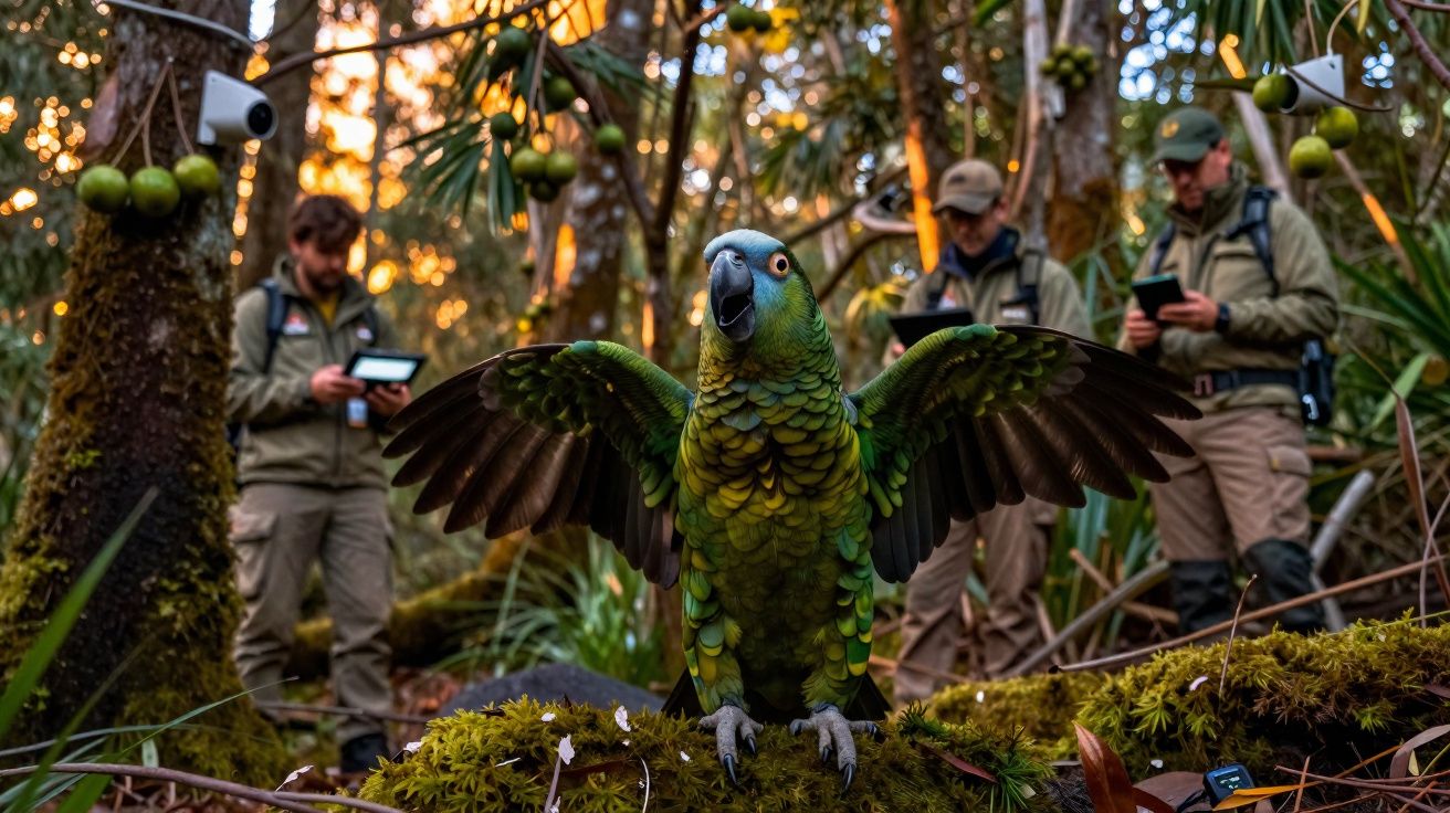 Papagaio verde com asas abertas numa floresta, com três pessoas a observar e registar dados ao fundo.