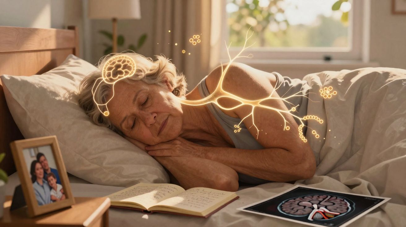 Mulher idosa a dormir na cama com ilustração digital do cérebro e neurónios ligados ao sono.