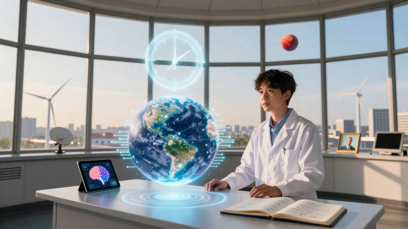 Jovem cientista em laboratório com holograma da Terra e relógio flutuante, analisando dados e notas.
