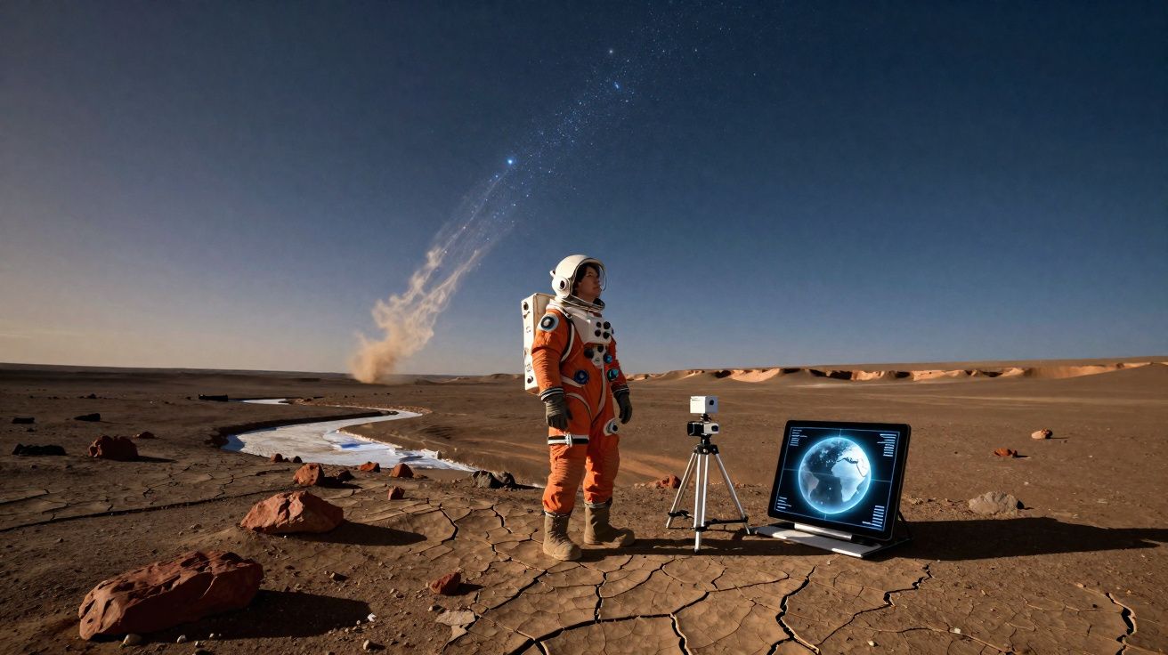 Astronauta em fato laranja numa paisagem árida com dispositivo de monitorização e pedra vermelha.