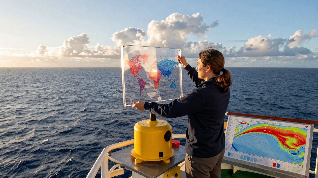 Pessoa em barco a investigar mapas e dados meteorológicos, com oceano e céu nublado ao fundo.
