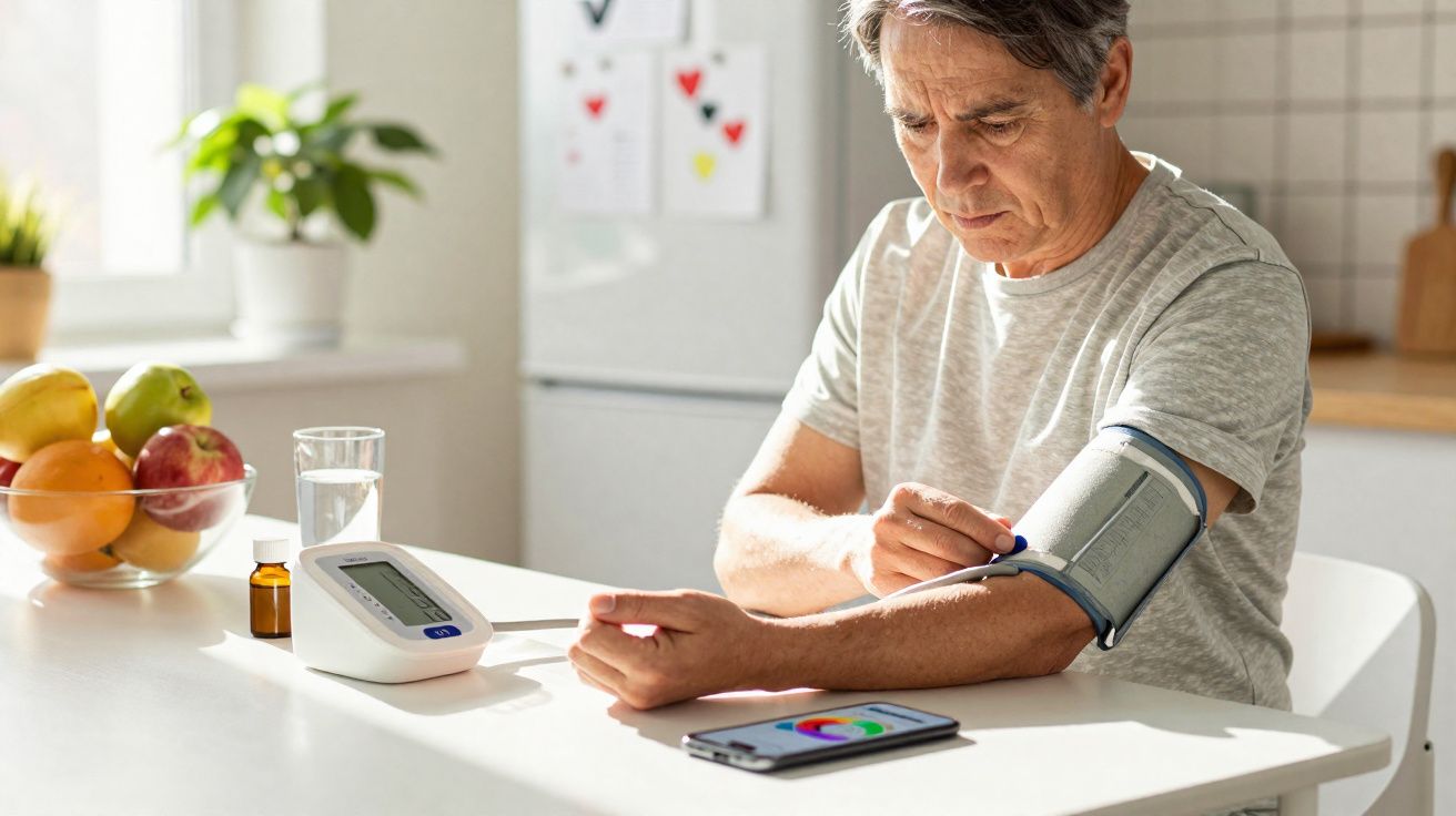 Homem a medir a tensão arterial em casa com monitor digital e smartphone numa cozinha iluminada.