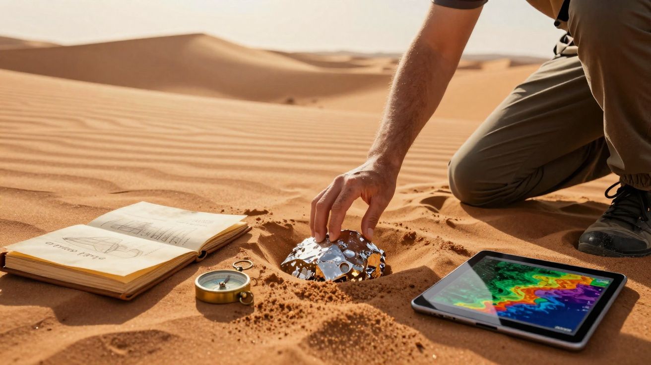Pessoa a recolher dispositivo metálico no deserto com bússola, livro aberto e tablet com mapa colorido na areia.