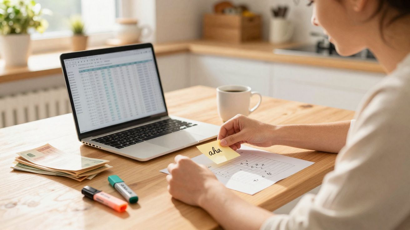 Pessoa a trabalhar num portátil com gráficos, notas e marcadores numa mesa de cozinha iluminada.