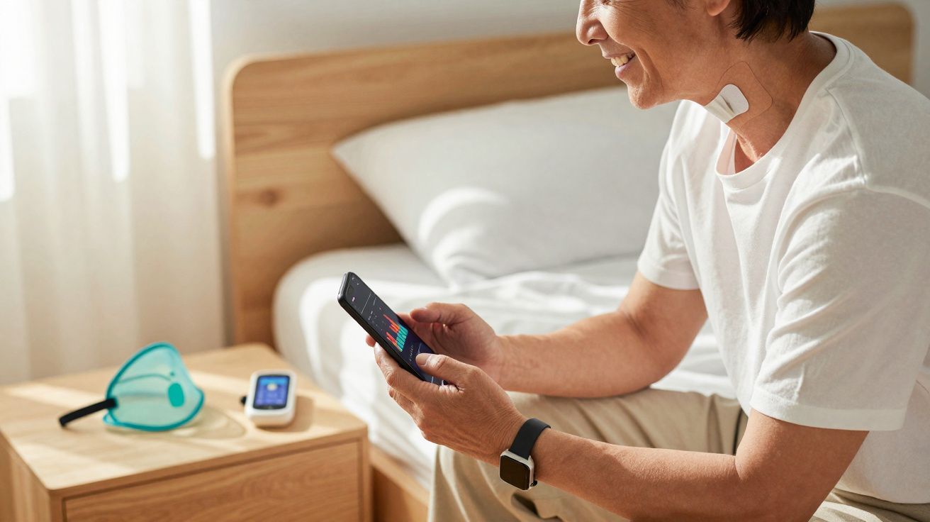 Pessoa sentada na cama a consultar dados de saúde no telemóvel, usando sensor no pescoço e relógio inteligente.