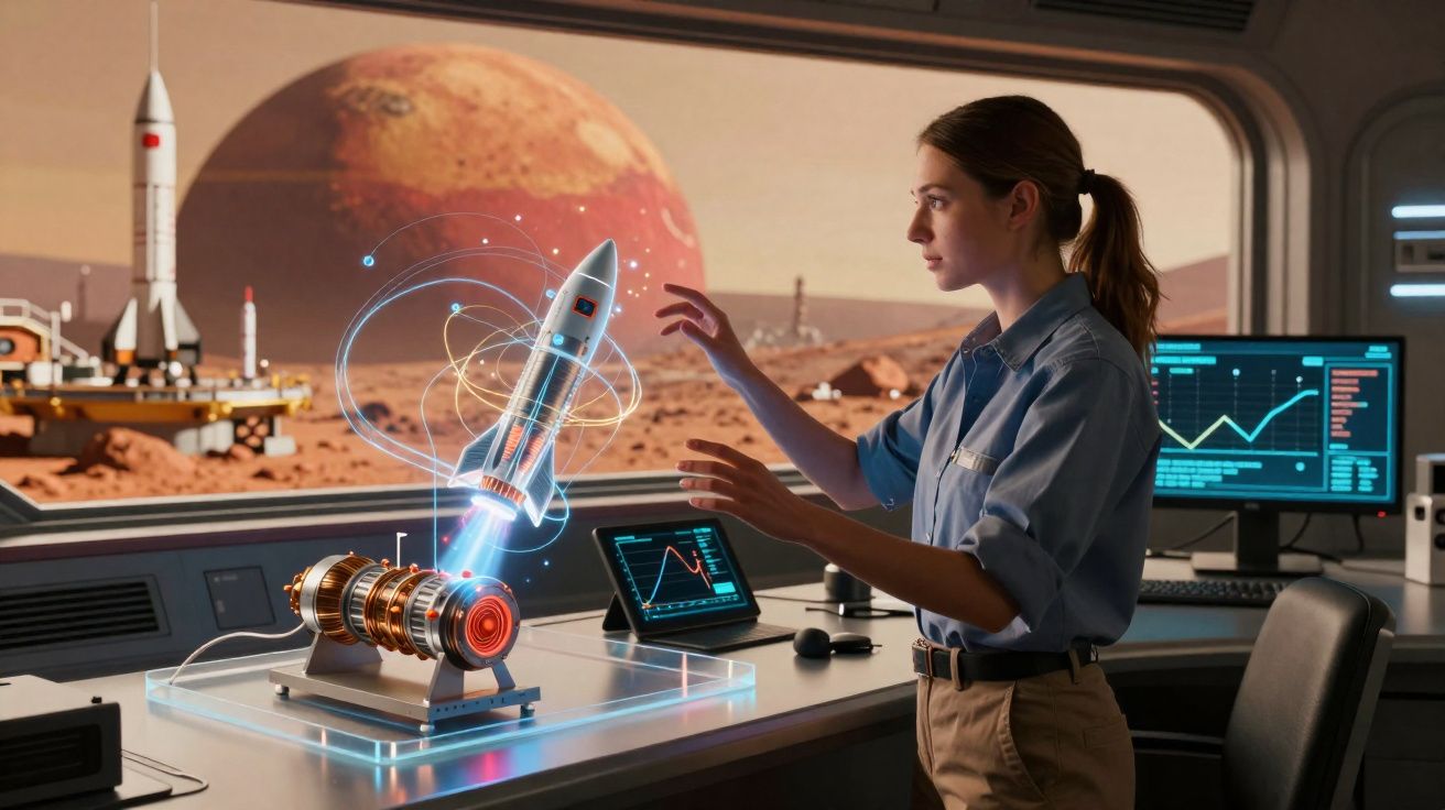 Mulher controla holograma de foguete em laboratório futurista com vista para paisagem marciana.