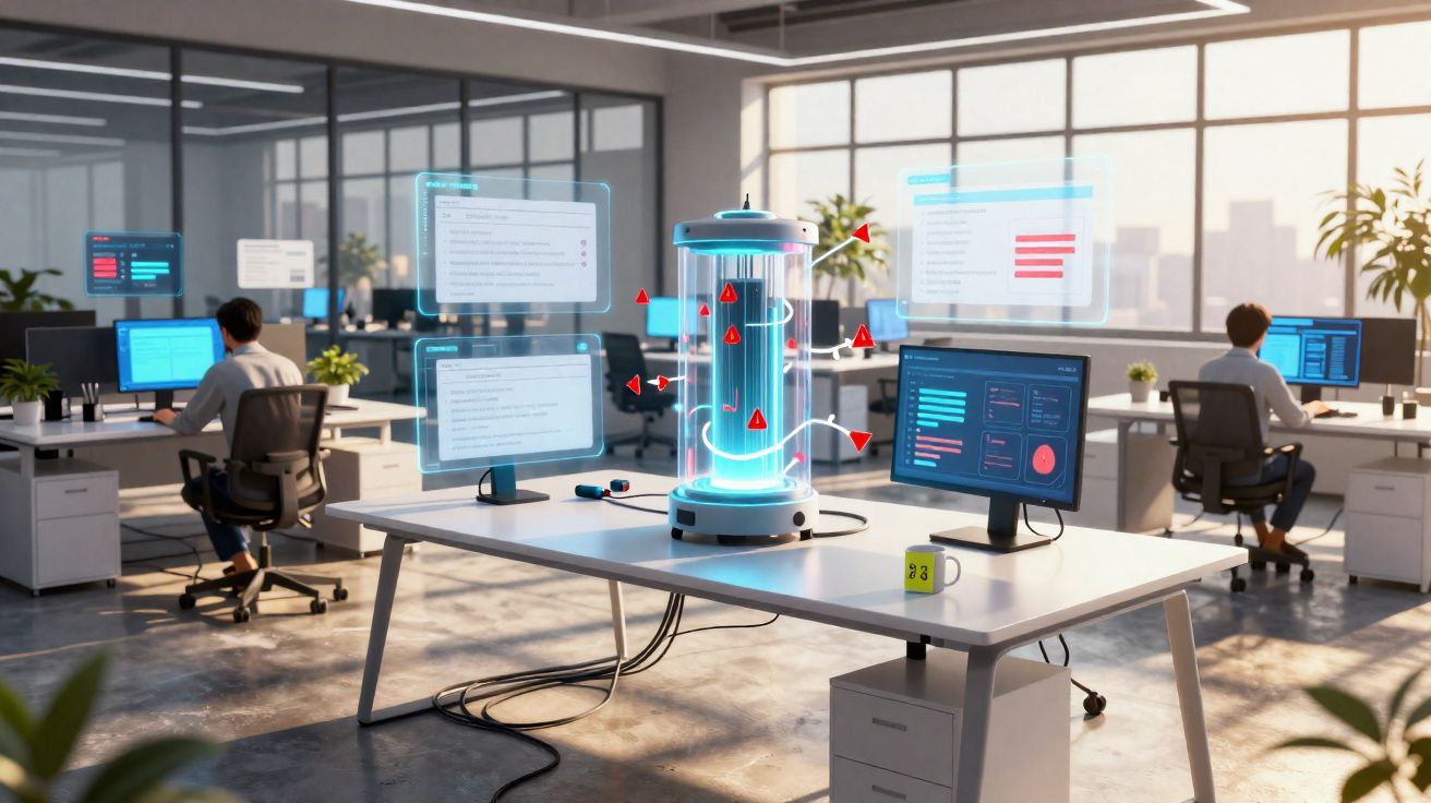 Escritório moderno com duas pessoas a trabalhar e dispositivo tecnológico futurista holográfico numa mesa central.