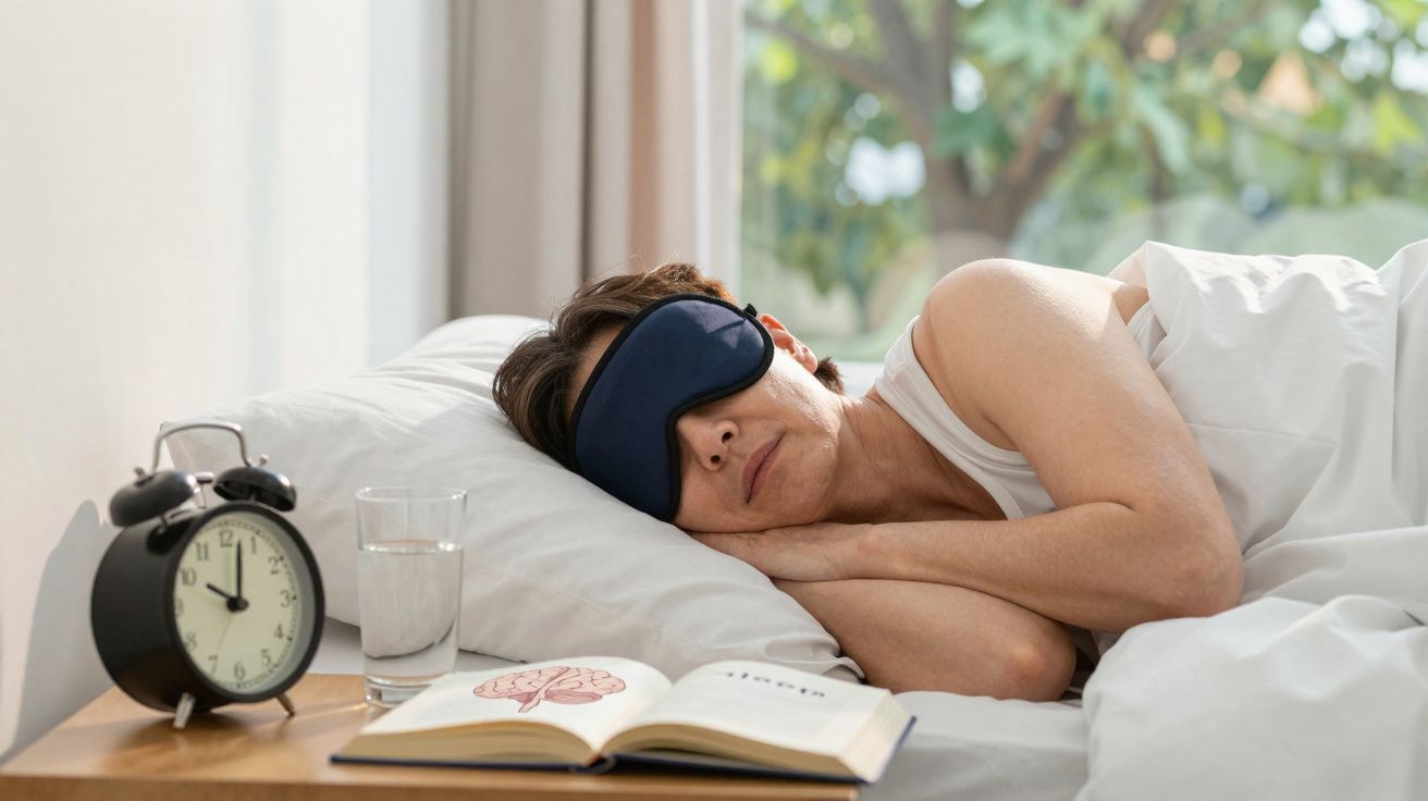 Pessoa deitada a dormir com máscara de olhos, despertador e livro com imagem de cérebro na mesa de cabeceira.