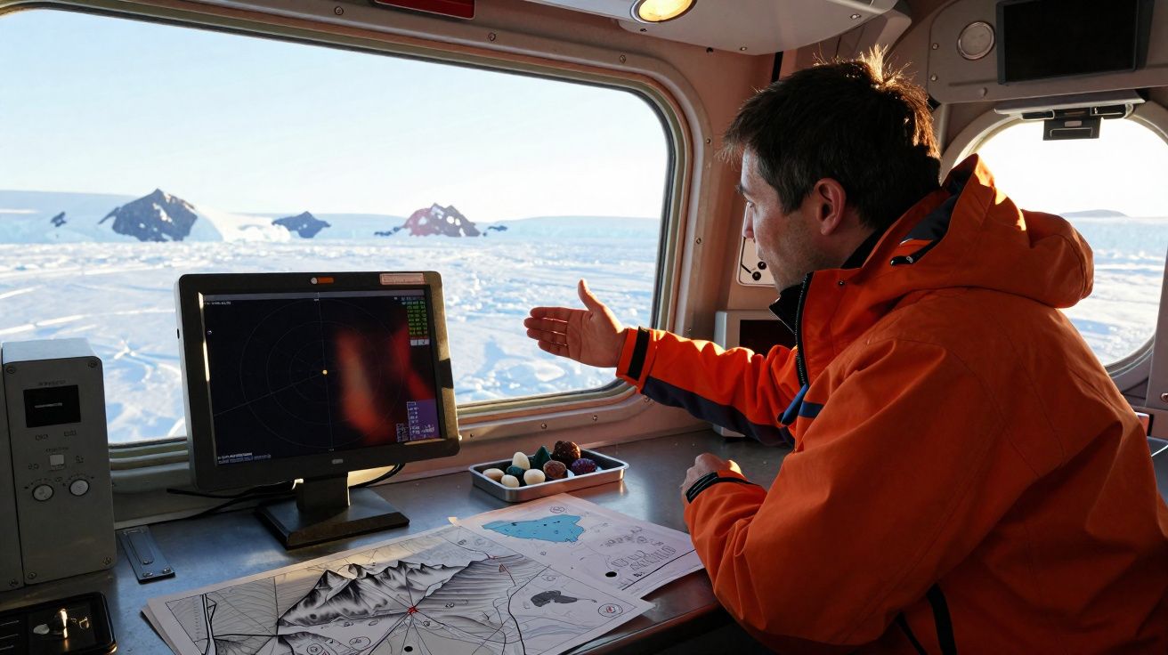 Homem em casaco laranja a estudar mapas e radar num laboratório com vista para paisagem gelada.