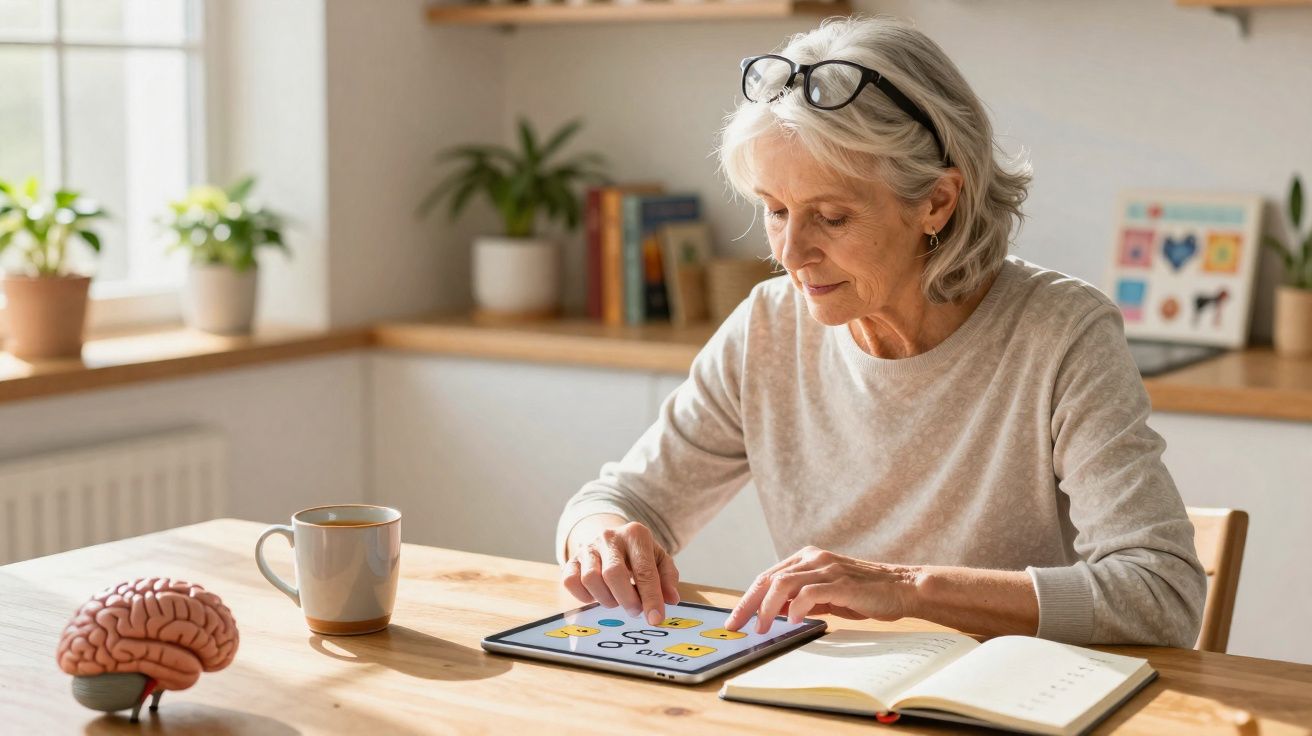 Mulher idosa a usar tablet para jogos de memória, com livro aberto e modelo de cérebro numa mesa iluminada.
