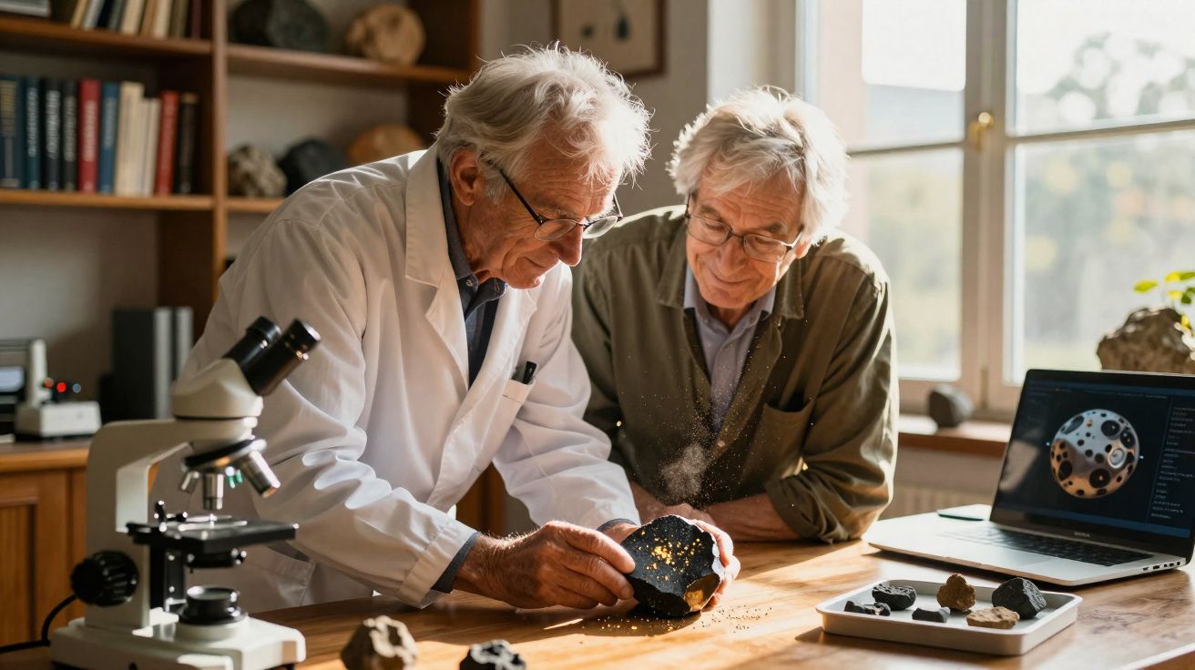 Dois cientistas idosos analisam um meteorito numa mesa com equipamento de laboratório e computador.