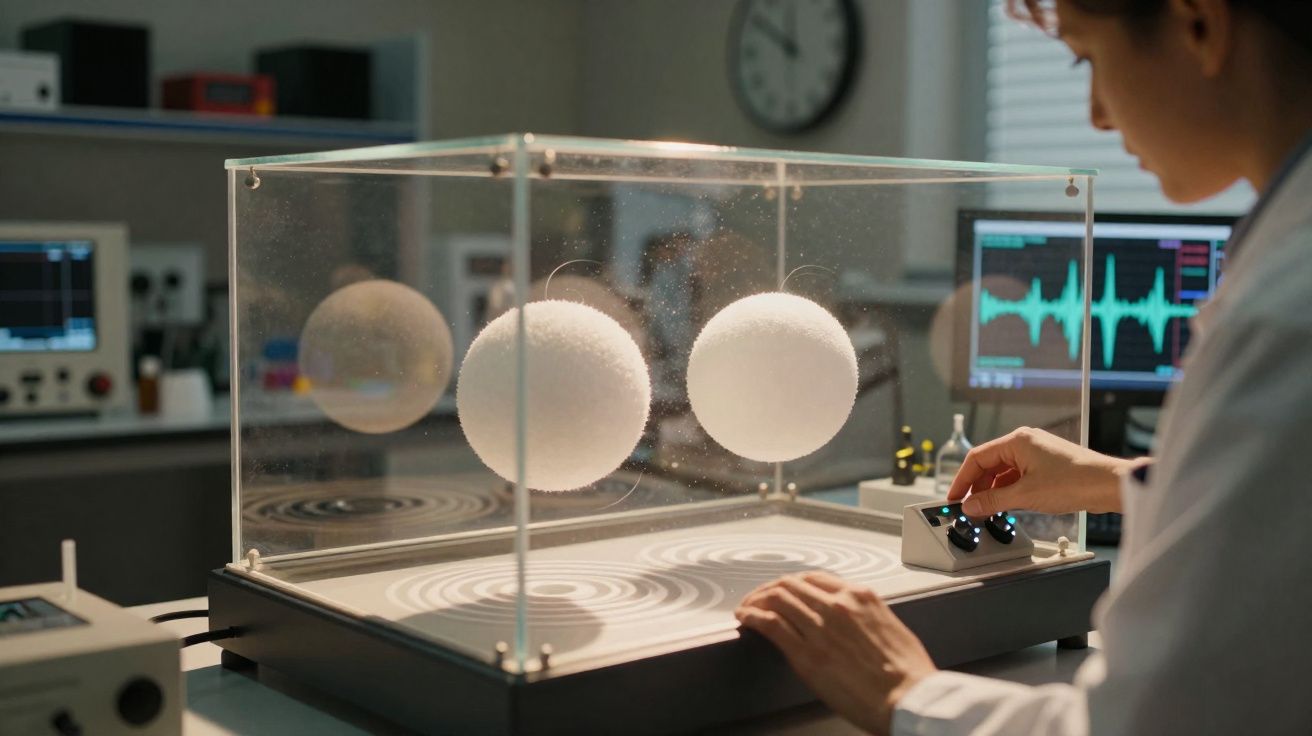 Investigador em laboratório controla dispositivo com duas esferas suspensas numa caixa de vidro.