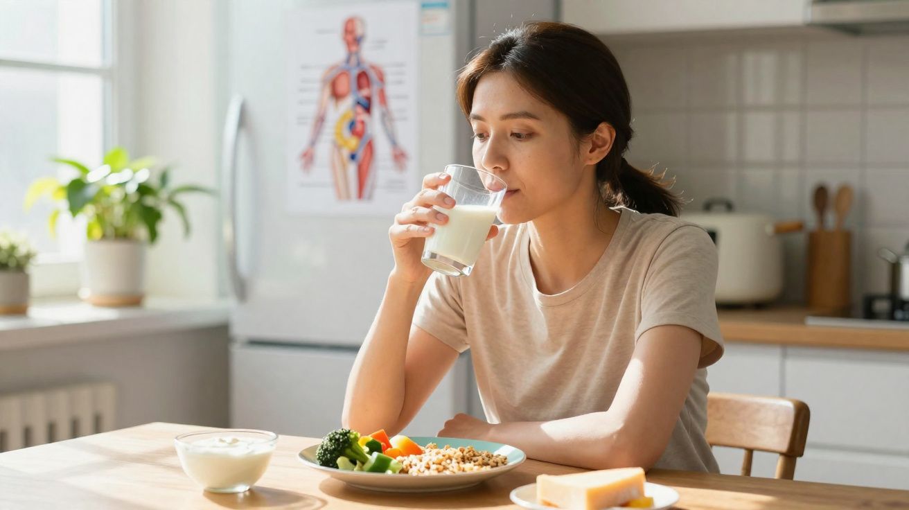 Mulher em cozinha a beber um copo de leite, com prato de comida saudável à sua frente.