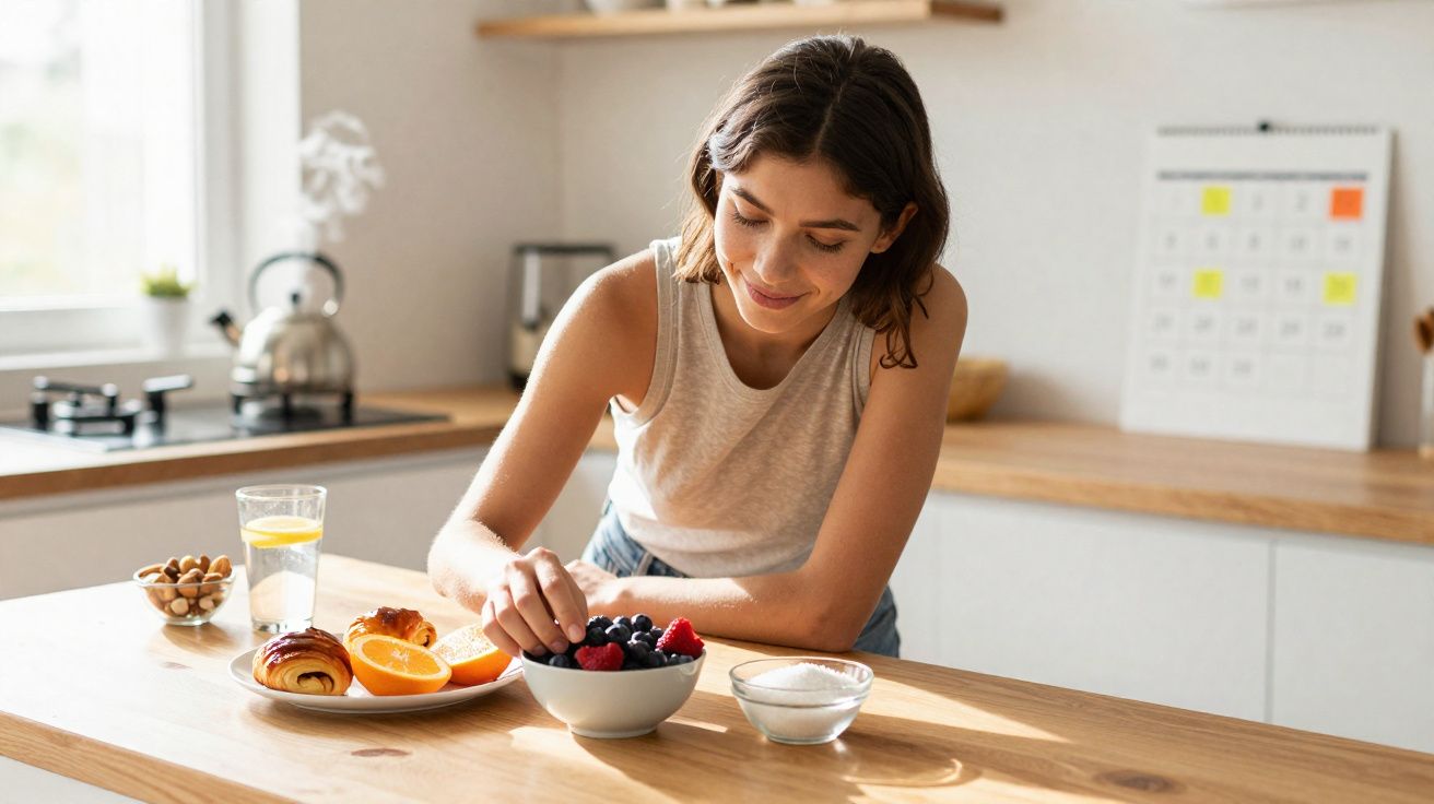 Mulher a preparar taça de frutos vermelhos na cozinha com vários alimentos sobre a bancada de madeira.