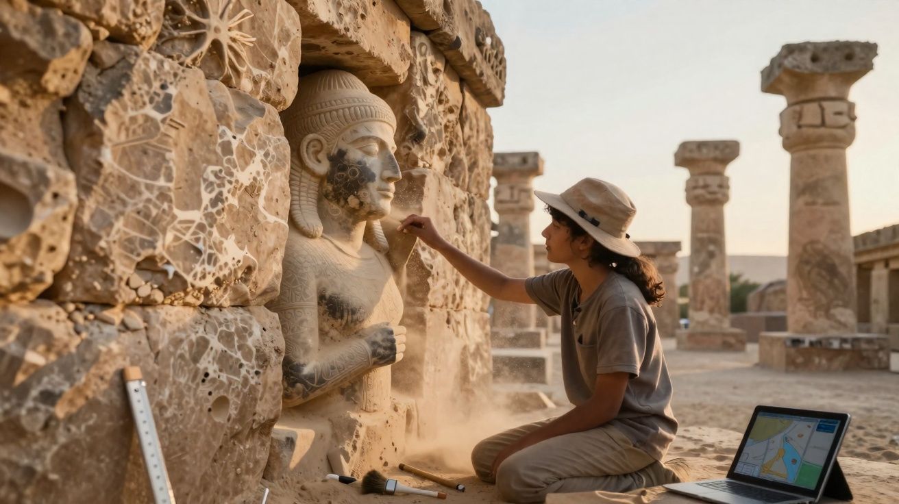 Arqueólogo trabalha na limpeza de escultura antiga numa escavação arqueológica ao ar livre ao pôr do sol.