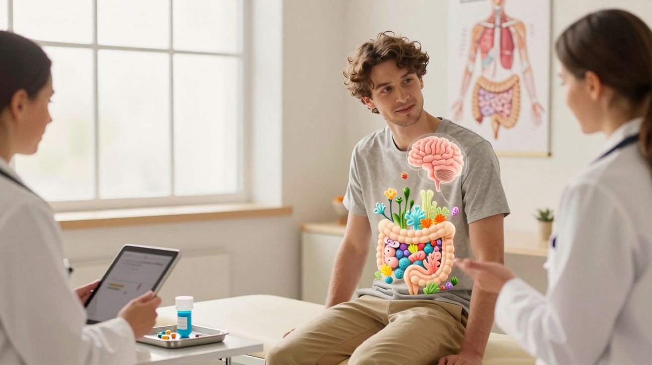 Paciente sentado numa consulta médica com ilustração do sistema digestivo e cérebro sobreposto no corpo.