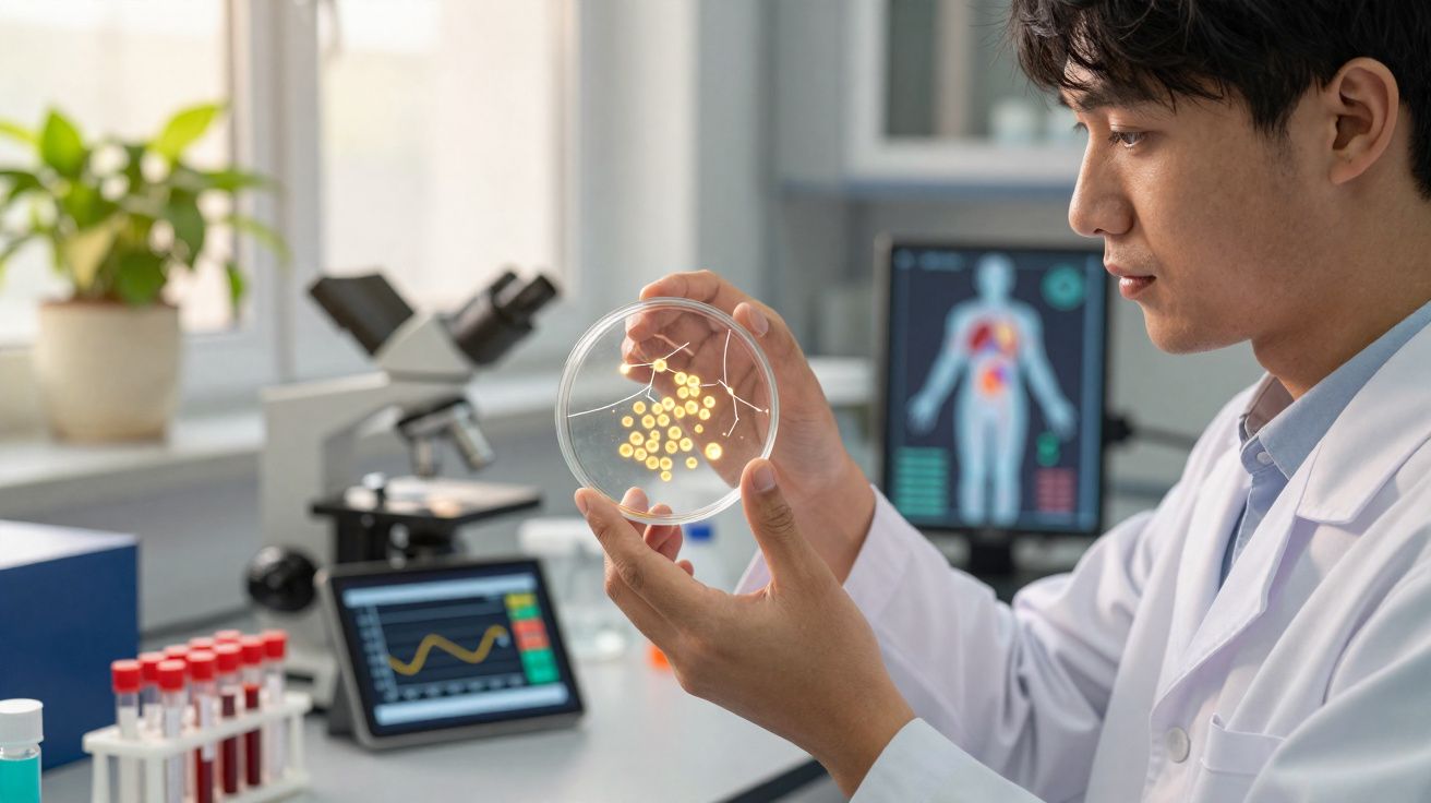 Cientista com bata branca a analisar uma placa de Petri num laboratório moderno com microscópio e ecrãs.