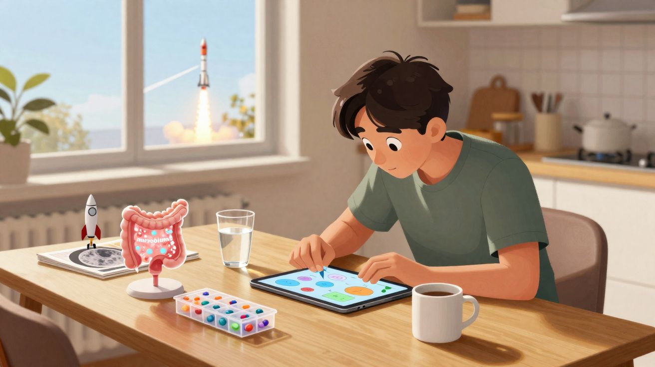 Rapaz sentado à mesa a brincar num tablet, com cápsulas coloridas, modelo do intestino e foguete ao fundo.