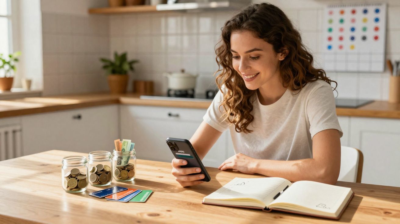 Mulher sorridente a guardar dinheiro e usar telemóvel na cozinha com cadernos e cartões na mesa.
