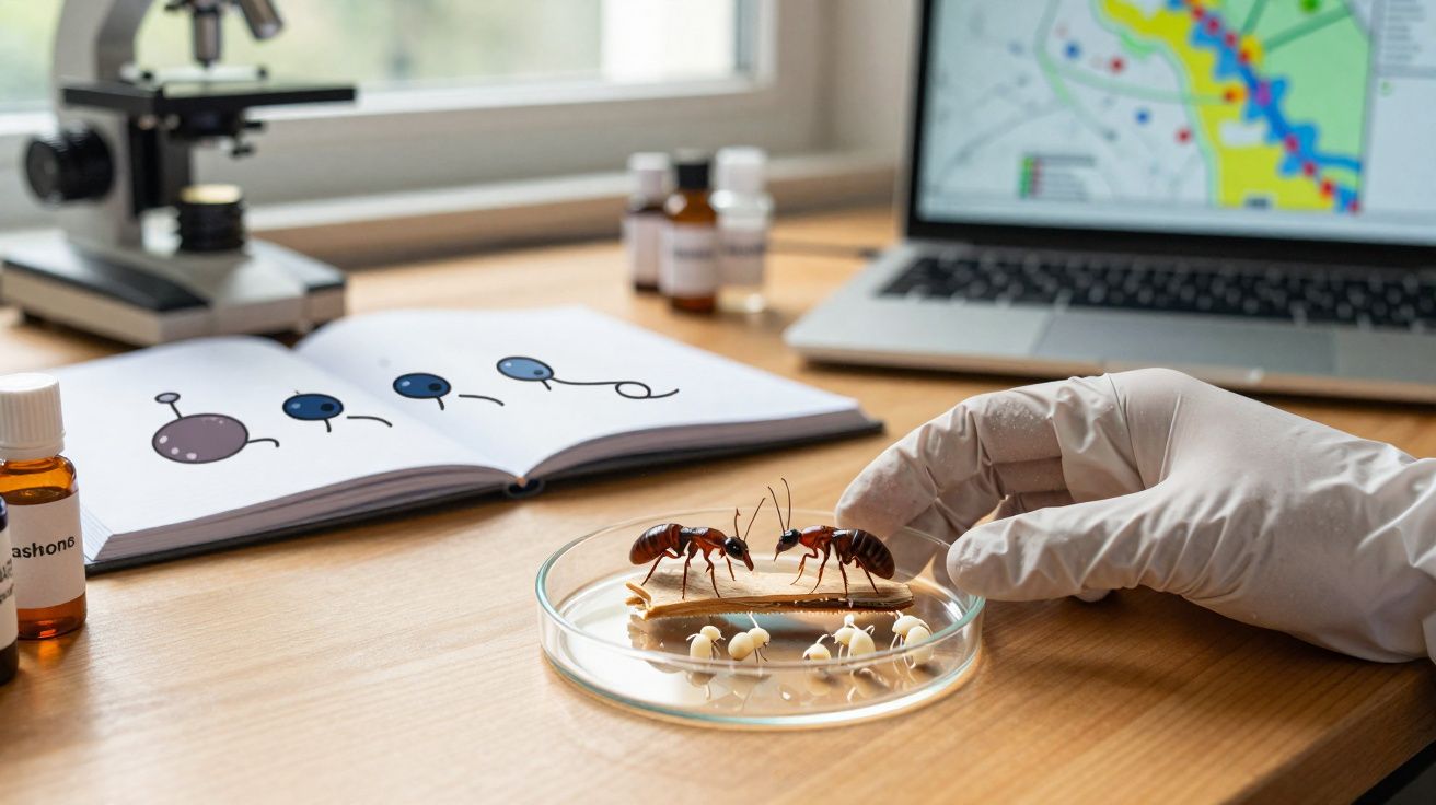 Mãos com luvas manipulam formigas e larvas numa placa de Petri numa mesa de laboratório com microscópio e computador.