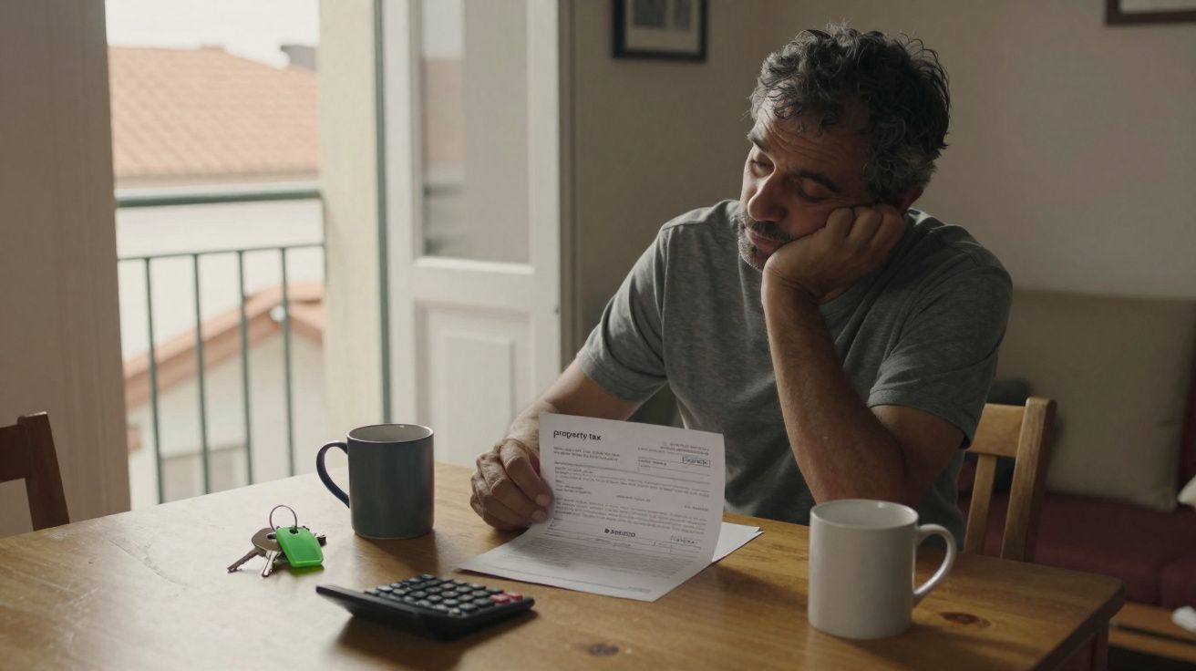 Homem preocupado a olhar para um documento numa mesa com calculadora, canecas e chaves, perto de uma janela aberta.