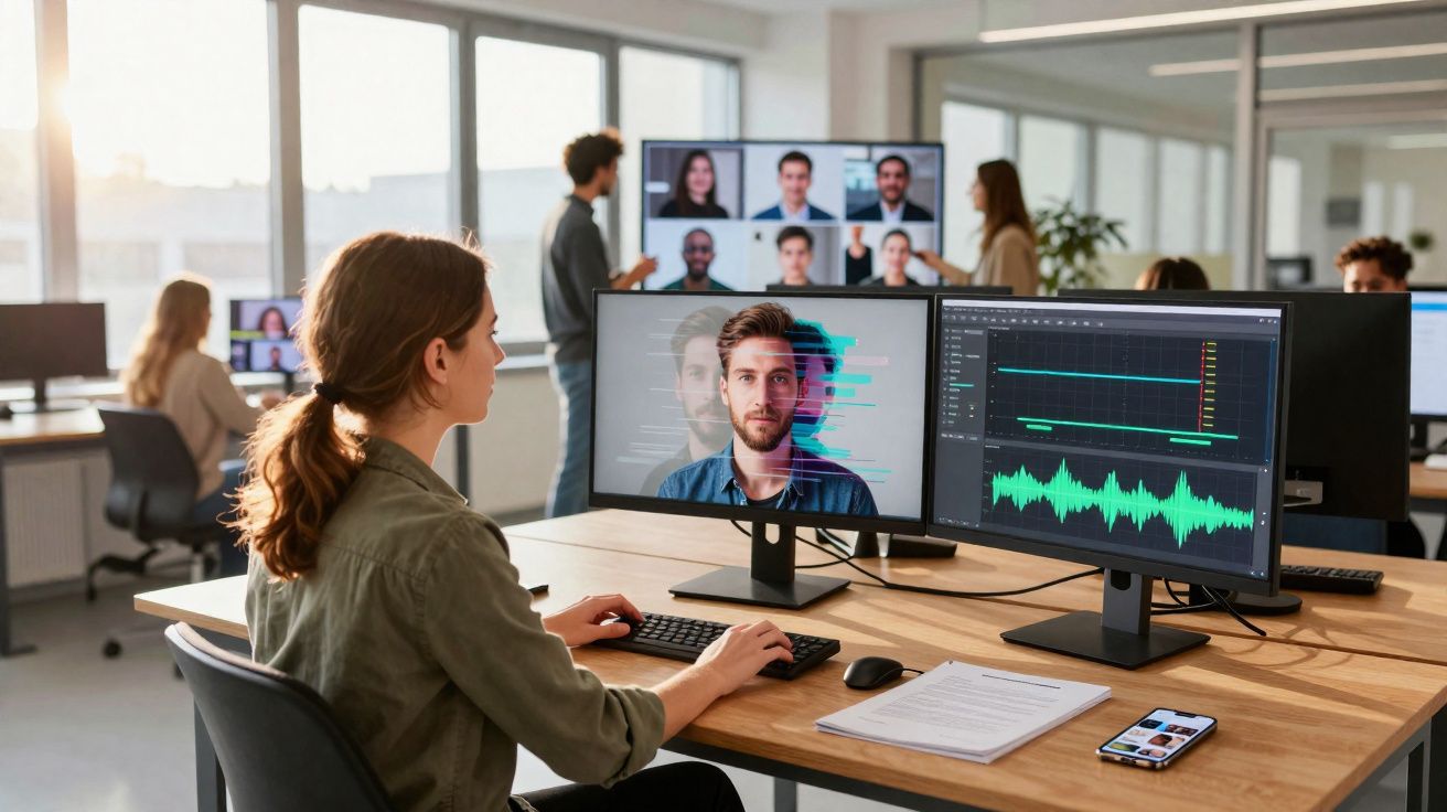 Mulher a trabalhar em edição de vídeo com monitor duplo numa sala de escritório moderna e pessoas em videoconferência.