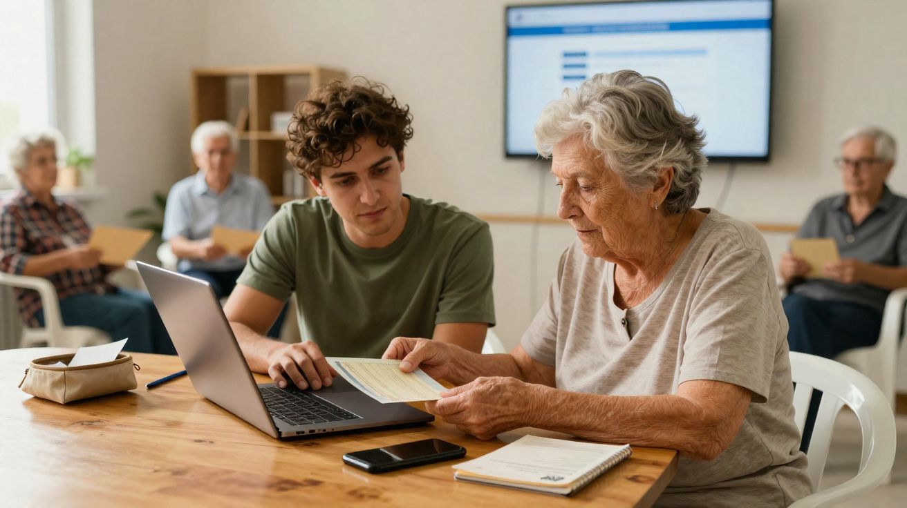 Jovem ajuda idosa com documentos em computador, enquanto outras pessoas idosas aguardam numa sala.