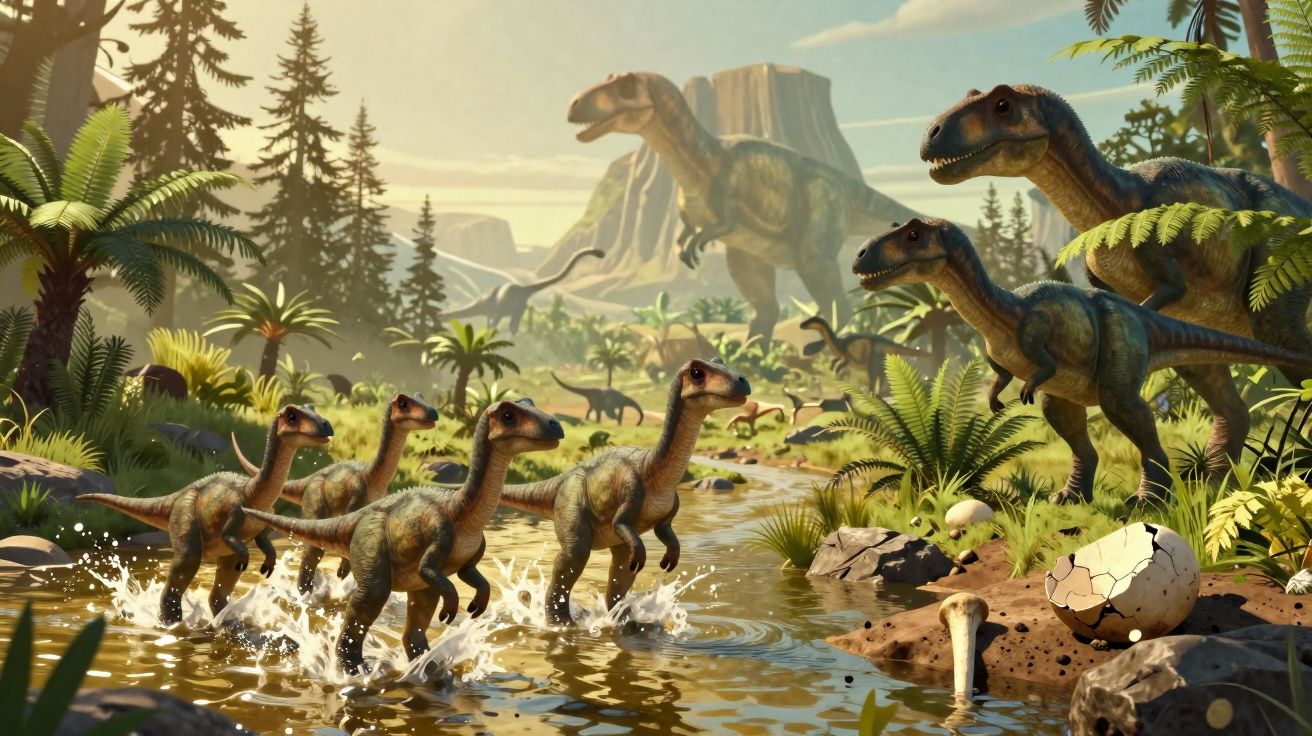 Dinossauros jovens a atravessar um riacho com uma paisagem pré-histórica e dinossauros adultos ao fundo.