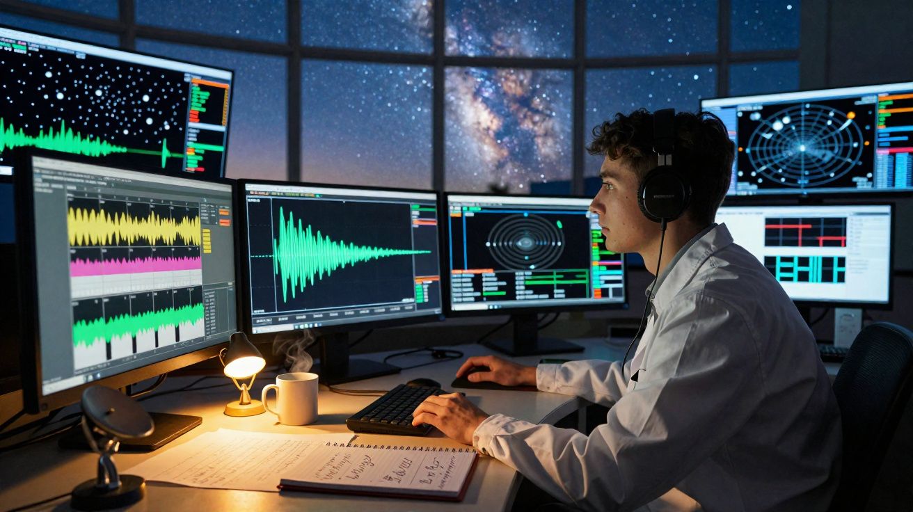 Jovem cientista com auriculares analisa dados astronómicos em múltiplos ecrãs num laboratório à noite.