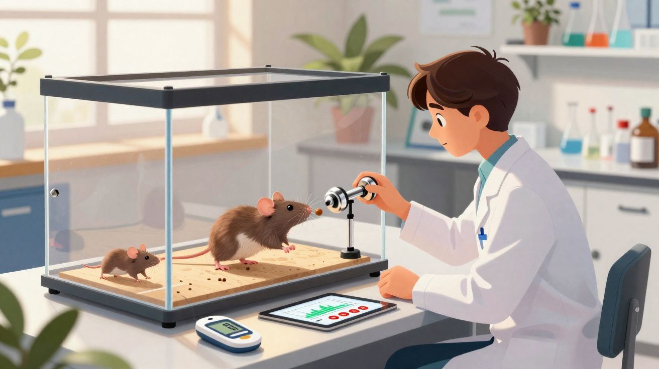 Cientista observa rato dentro de caixa de vidro em laboratório usando equipamento para experimento.