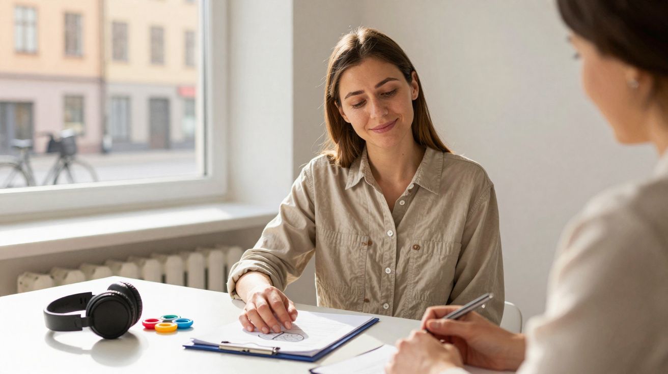Duas mulheres sentadas à mesa com pranchetas, uma sorri olhando um desenho, ambiente luminoso.