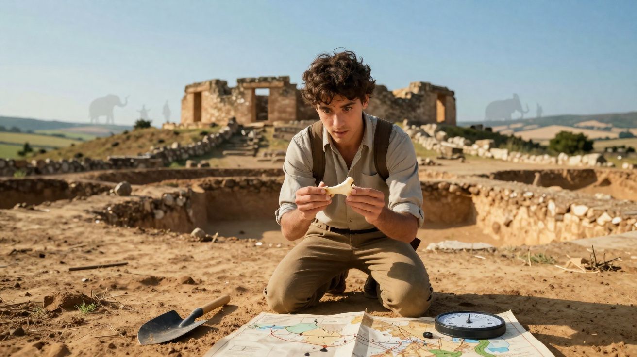 Jovem arqueólogo ajoelhado no terreno examina fragmento sobre mapa e perto de ruínas antigas.