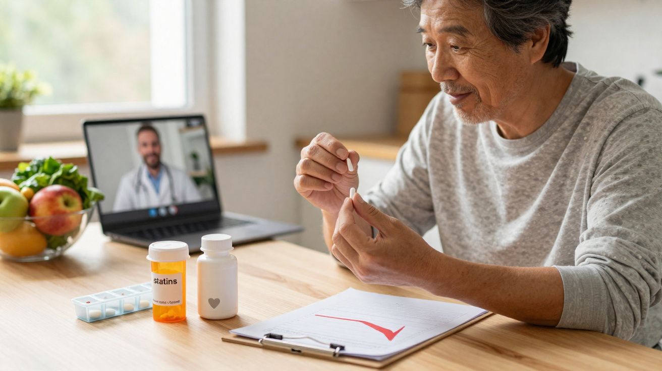 Homem a preparar medicação durante consulta online com médico no computador à mesa de cozinha.