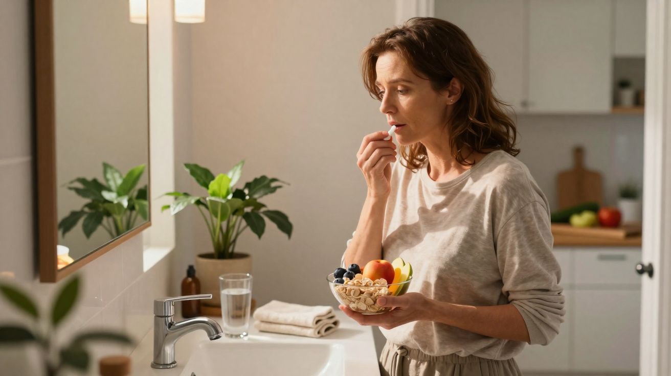 Mulher toma medicamento enquanto segura tigela com iogurte, frutas e granola na cozinha iluminada.