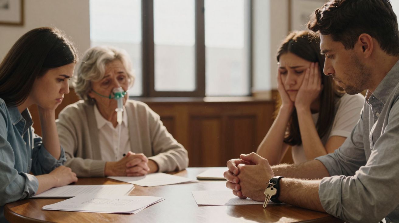 Família preocupada sentada à mesa com idosa a usar oxigénio e vários papéis espalhados.