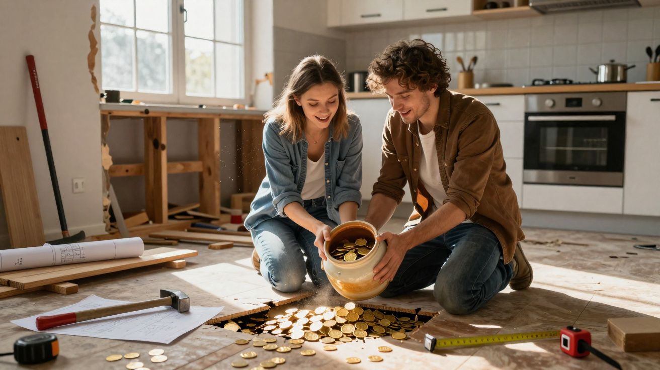 Casal feliz encontra moedas de ouro num buraco no chão durante obras em casa.