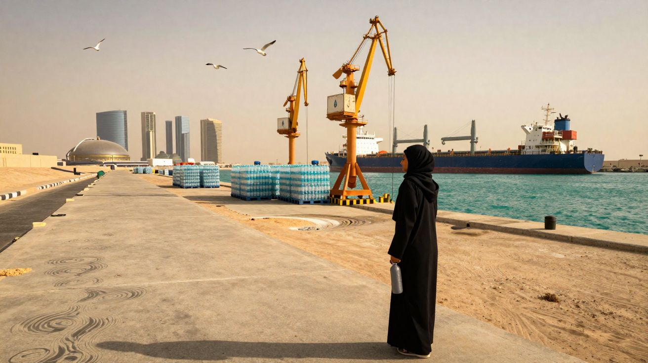 Mulher vestida de preto observa cais com empilhamento de garrafas de água, guindastes e navio no porto.