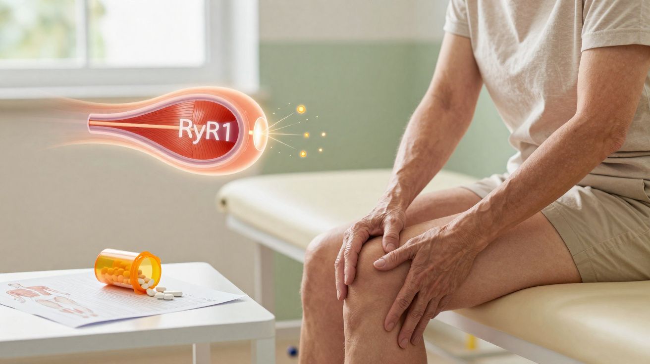 Pessoa idosa a segurar o joelho, mostrando representação do receptor RyR1 no músculo e medicamentos numa mesa.