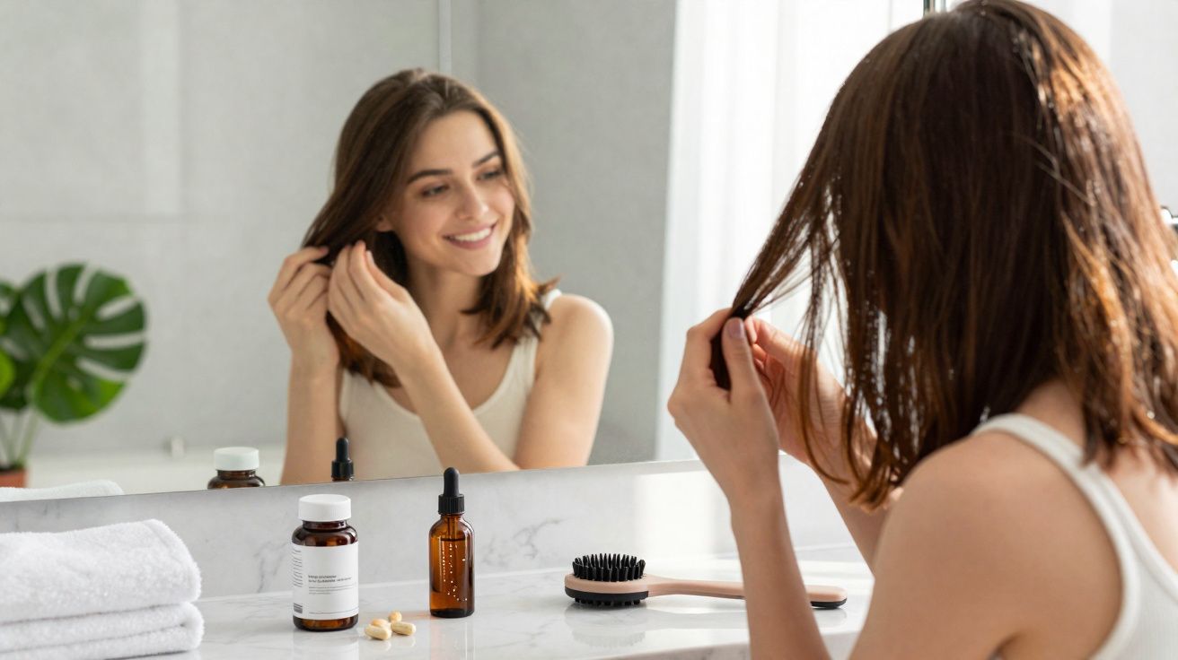 Mulher sorridente penteia o cabelo à frente do espelho numa casa de banho moderna.