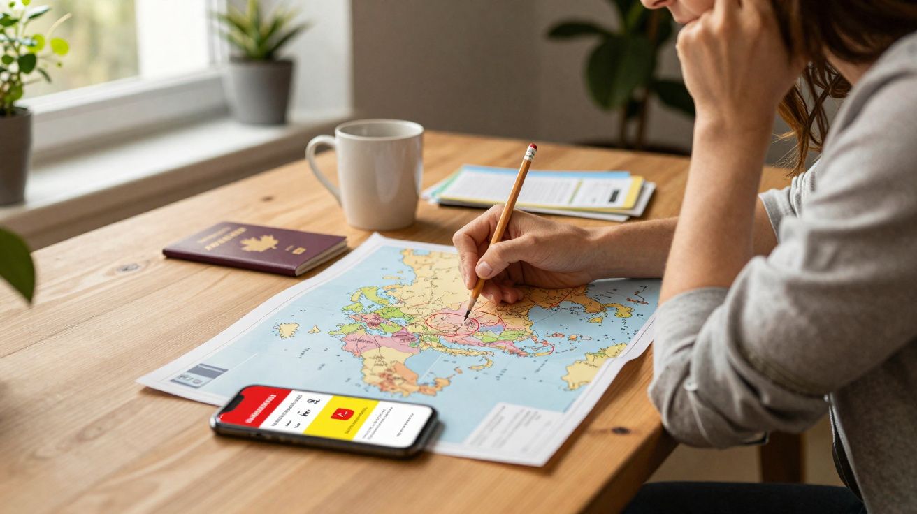 Pessoa a planear viagem marcada num mapa da Europa com telemóvel, passaporte e caneca na mesa.