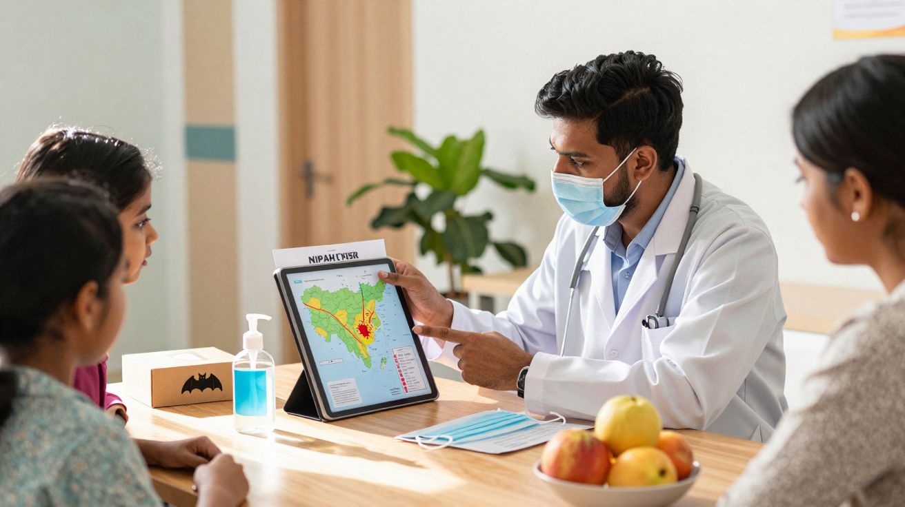 Médico de máscara a mostrar mapa de risco de doença a família sentada à mesa numa consulta.