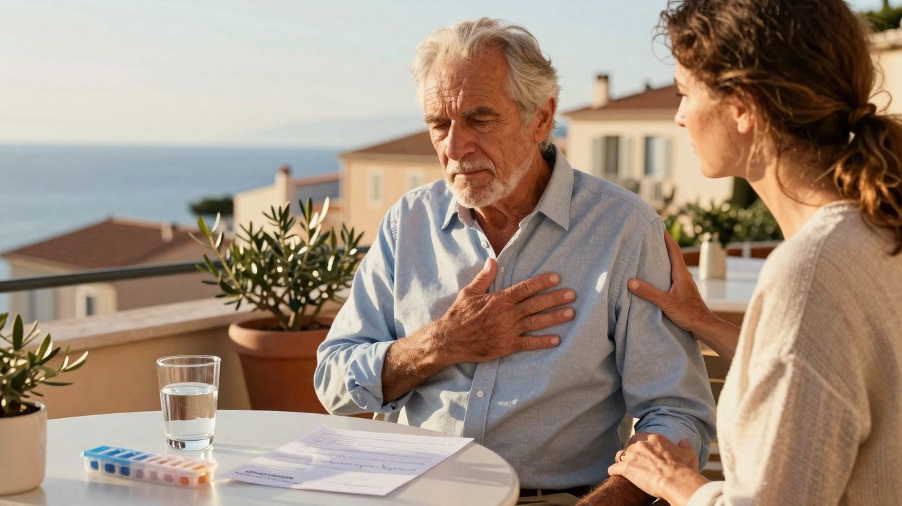 Homem idoso com expressão de dor no peito, acompanhado por mulher que o conforta, sentados numa varanda.