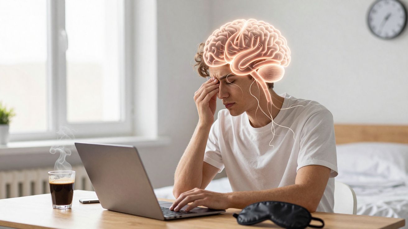 Homem com dor de cabeça a trabalhar no computador, com imagem digital do cérebro iluminado.