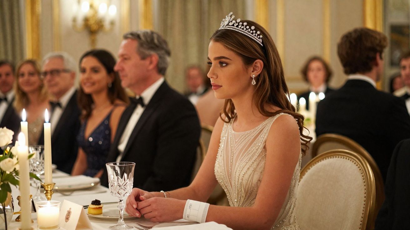 Jovem mulher de vestido elegante e tiara sentada à mesa num jantar formal, rodeada de convidados em trajes formais.