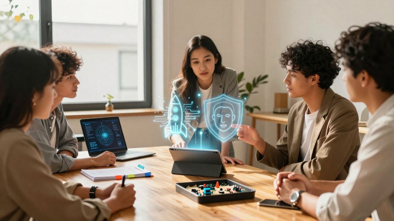 Grupo de jovens profissionais em reunião, analisando gráficos e tecnologia digital holográfica de segurança.