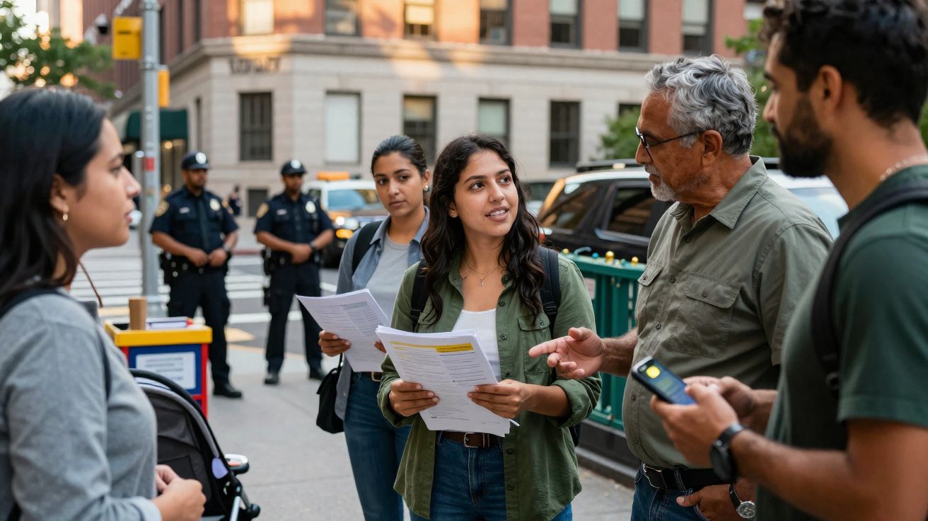 Grupo de pessoas a discutir documentos numa rua com dois polícias ao fundo.