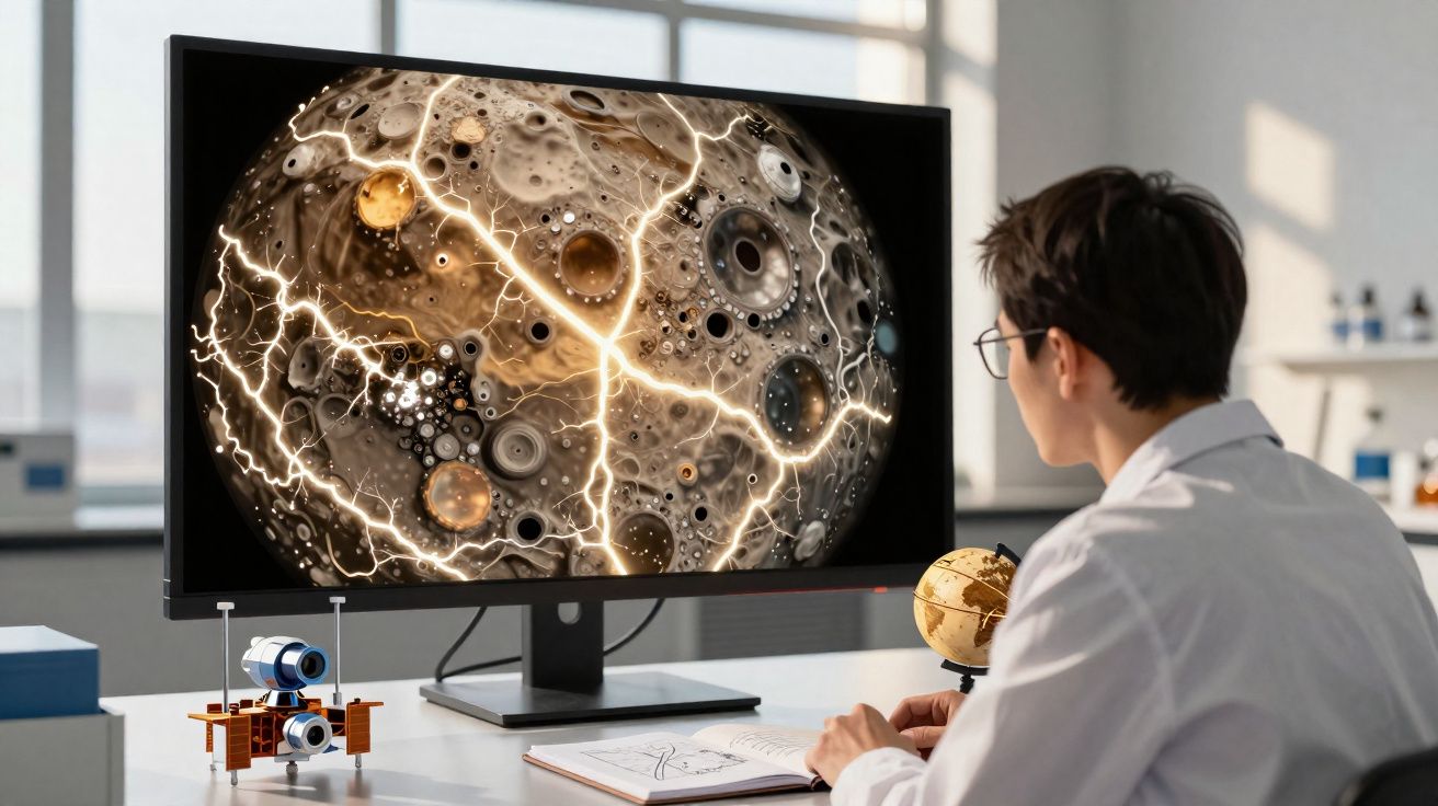 Pessoa de óculos e bata branca observa imagem de planeta com raios num ecrã de computador.