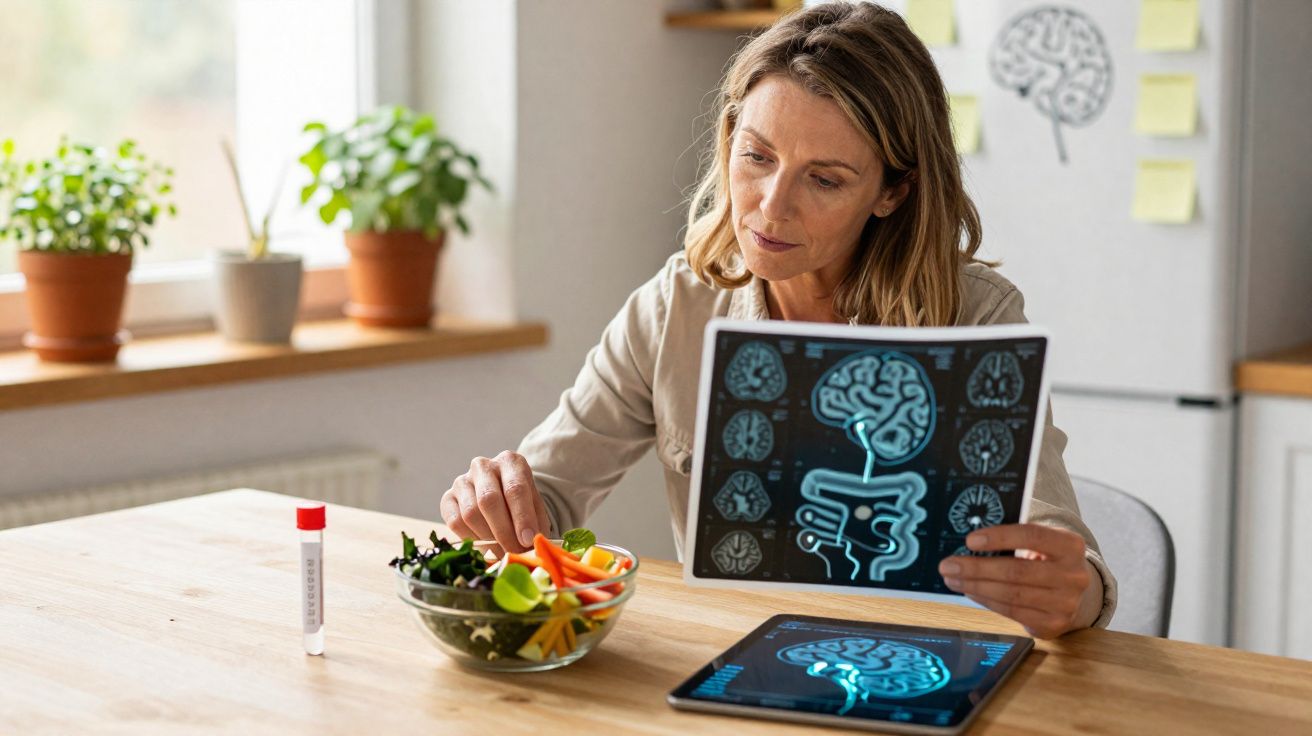 Mulher analisa imagem de cérebro e intestino enquanto prepara salada numa cozinha iluminada.