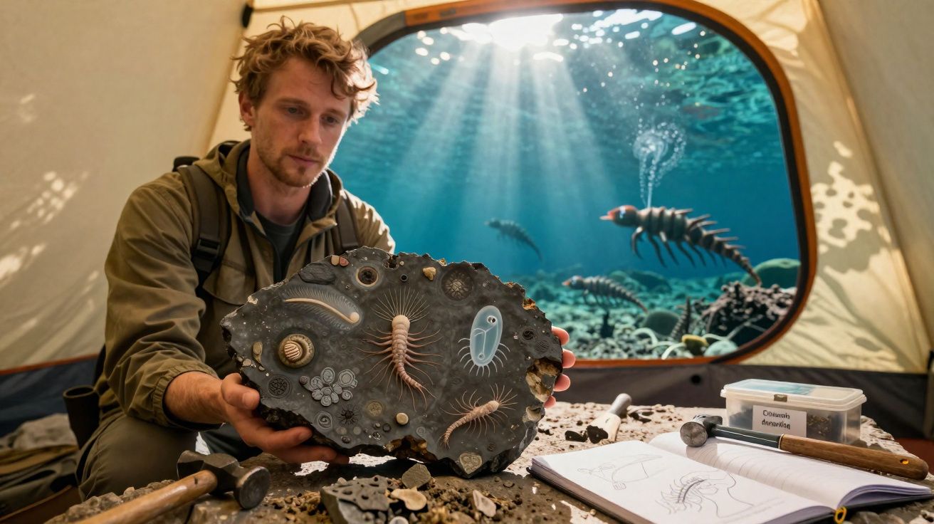 Homem a analisar fóssil marinho detalhado num laboratório com janela para fundo oceânico animado.
