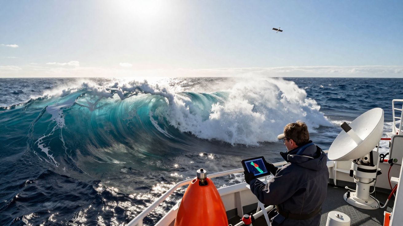 Pessoa num barco a analisar dados em tablet com ondas altas no mar agitado ao fundo e um drone no céu.